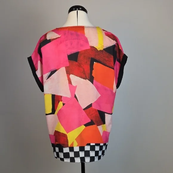 NESS Abstract Geometric Print Blouse Pink Orange Yellow Black White Women’s Size - Picture 5 of 8
